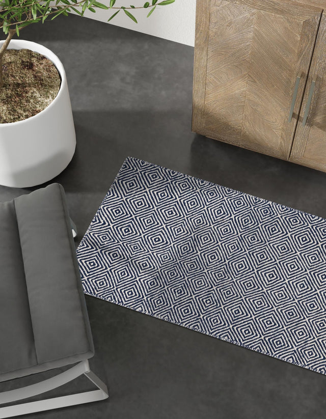 Navy Blue 2' x 6' 1 Geo Trellis Flatweave Runner Area Rug 80% Wool & 20% Cotton Natural Geometric Carpet for Living, Office, Dining, Dorms for Sale at Rug Engine