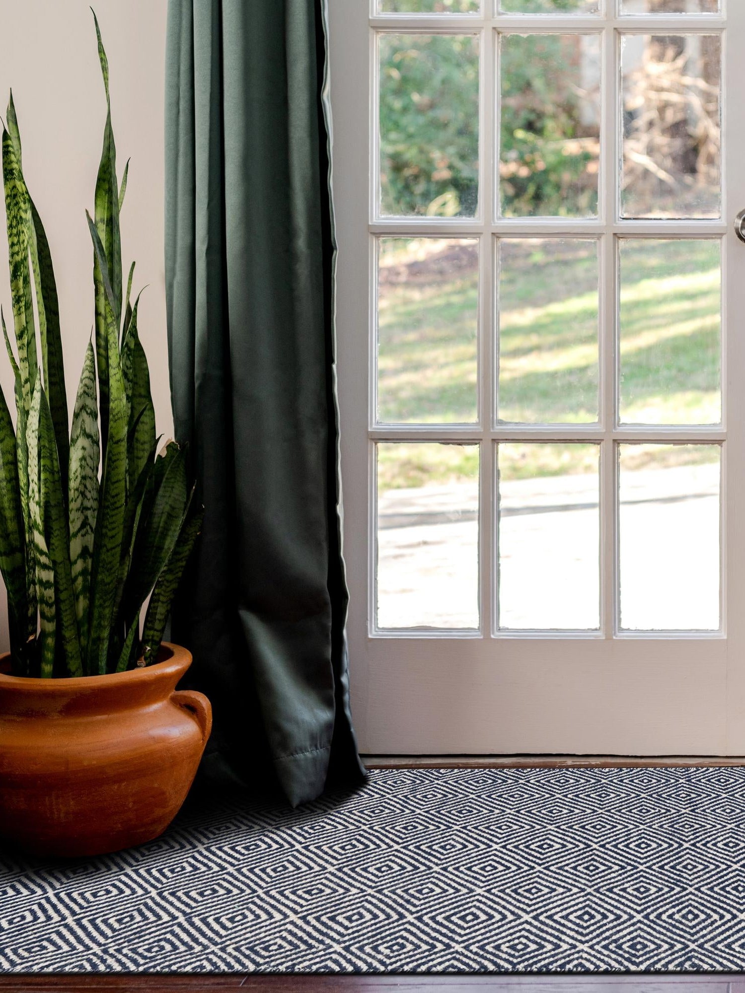 Navy Blue 2' x 6' 1 Geo Trellis Flatweave Runner Area Rug 80% Wool & 20% Cotton Natural Geometric Carpet for Living, Office, Dining, Dorms for Sale at Rug Engine