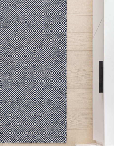 Navy Blue 2' 7 x 14' 1 Geo Trellis Flatweave Runner Area Rug 80% Wool & 20% Cotton Natural Geometric Carpet for Living, Office, Dining, Dorms for Sale at Rug Engine