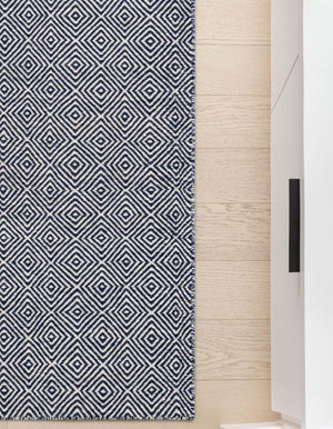 Navy Blue 2' x 8' Geo Trellis Flatweave Runner Area Rug 80% Wool & 20% Cotton Natural Geometric Carpet for Living, Office, Dining, Dorms for Sale at Rug Engine