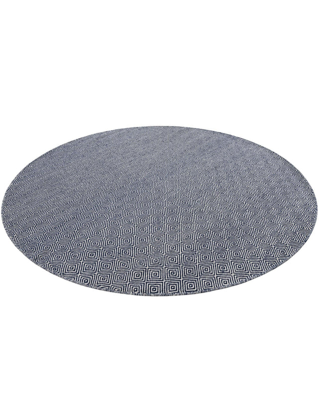 Navy Blue 7' 10 x 7' 10 Geo Trellis Flatweave Round Area Rug 80% Wool & 20% Cotton Natural Geometric Carpet for Living, Office, Dining, Dorms for Sale at Rug Engine