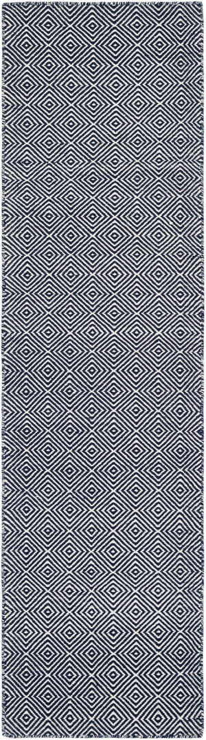 Navy Blue 2' x 8' Geo Trellis Flatweave Runner Area Rug 80% Wool & 20% Cotton Natural Geometric Carpet for Living, Office, Dining, Dorms for Sale at Rug Engine