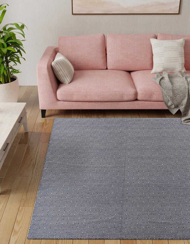 Navy Blue 10' x 10' Geo Trellis Flatweave Square Area Rug 80% Wool & 20% Cotton Natural Geometric Carpet for Living, Office, Dining, Dorms for Sale at Rug Engine
