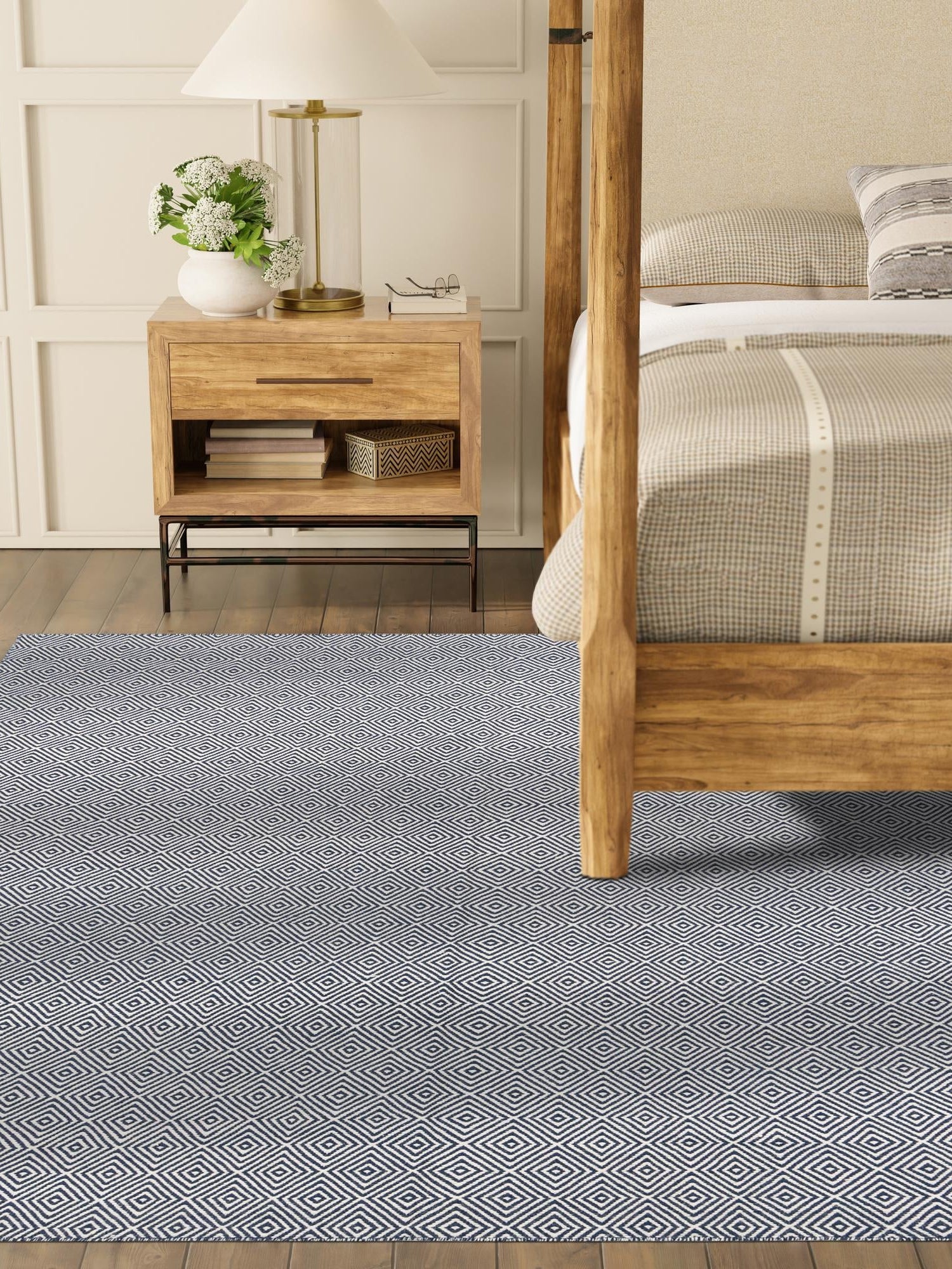 Navy Blue 7' 10 x 7' 10 Geo Trellis Flatweave Square Area Rug 80% Wool & 20% Cotton Natural Geometric Carpet for Living, Office, Dining, Dorms for Sale at Rug Engine