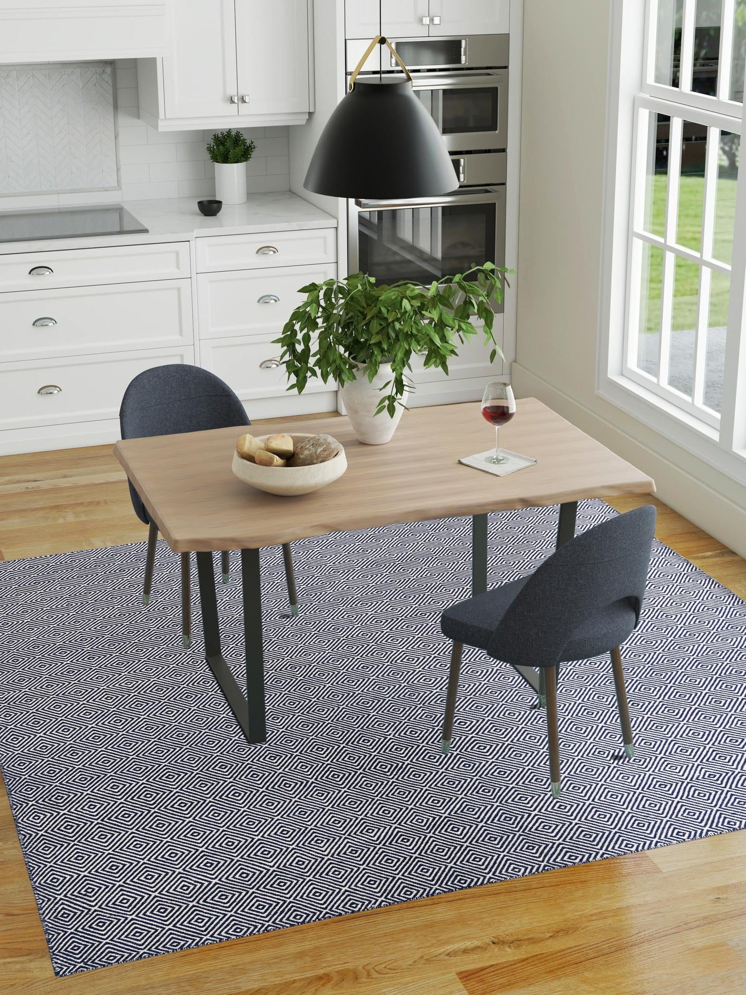 Navy Blue 7' 10 x 7' 10 Geo Trellis Flatweave Square Area Rug 80% Wool & 20% Cotton Natural Geometric Carpet for Living, Office, Dining, Dorms for Sale at Rug Engine