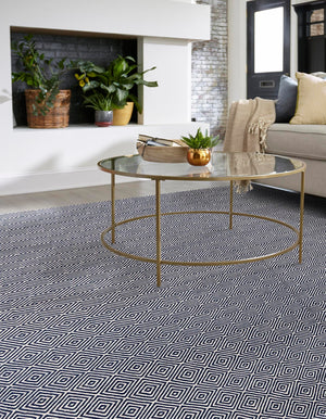 Navy Blue 10' x 10' Geo Trellis Flatweave Square Area Rug 80% Wool & 20% Cotton Natural Geometric Carpet for Living, Office, Dining, Dorms for Sale at Rug Engine