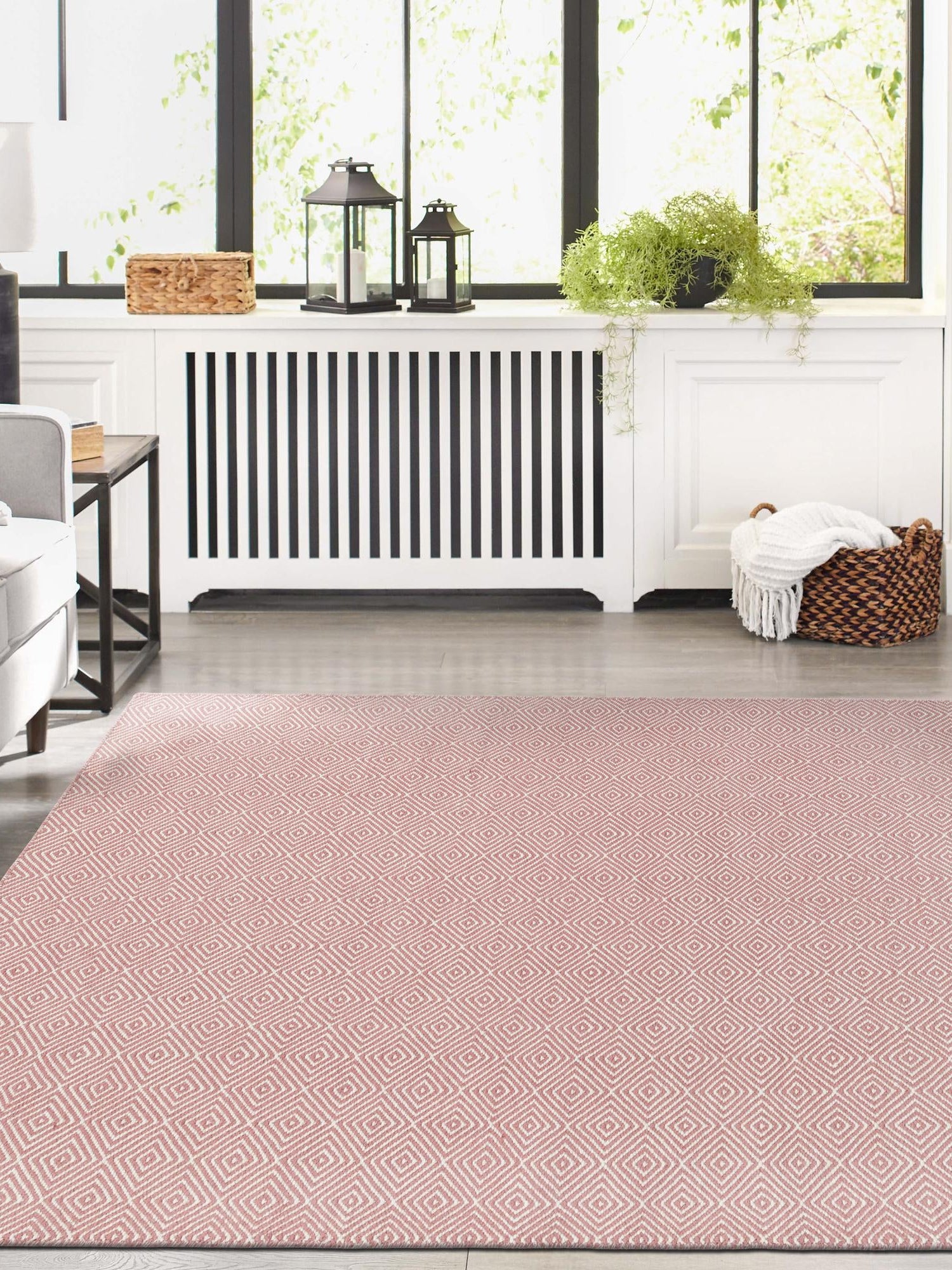 Pink 6' 1 x 9' Geo Trellis Flatweave Rectangle Area Rug 80% Wool & 20% Cotton Natural Geometric Carpet for Living, Office, Dining, Dorms for Sale at Rug Engine