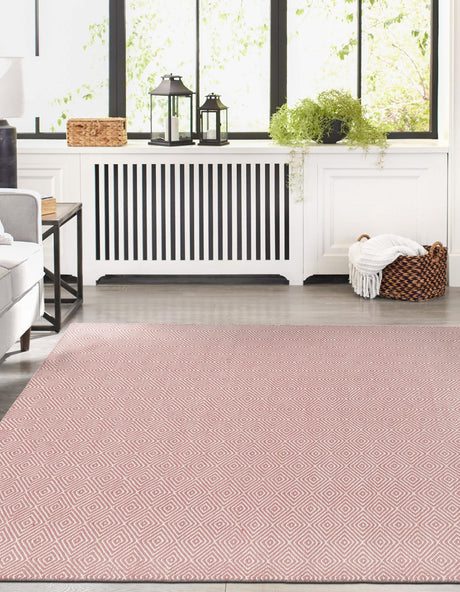 Pink 7' 10 x 10' Geo Trellis Flatweave Rectangle Area Rug 80% Wool & 20% Cotton Natural Geometric Carpet for Living, Office, Dining, Dorms for Sale at Rug Engine