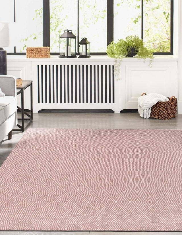 Pink 7' 10 x 10' Geo Trellis Flatweave Rectangle Area Rug 80% Wool & 20% Cotton Natural Geometric Carpet for Living, Office, Dining, Dorms for Sale at Rug Engine