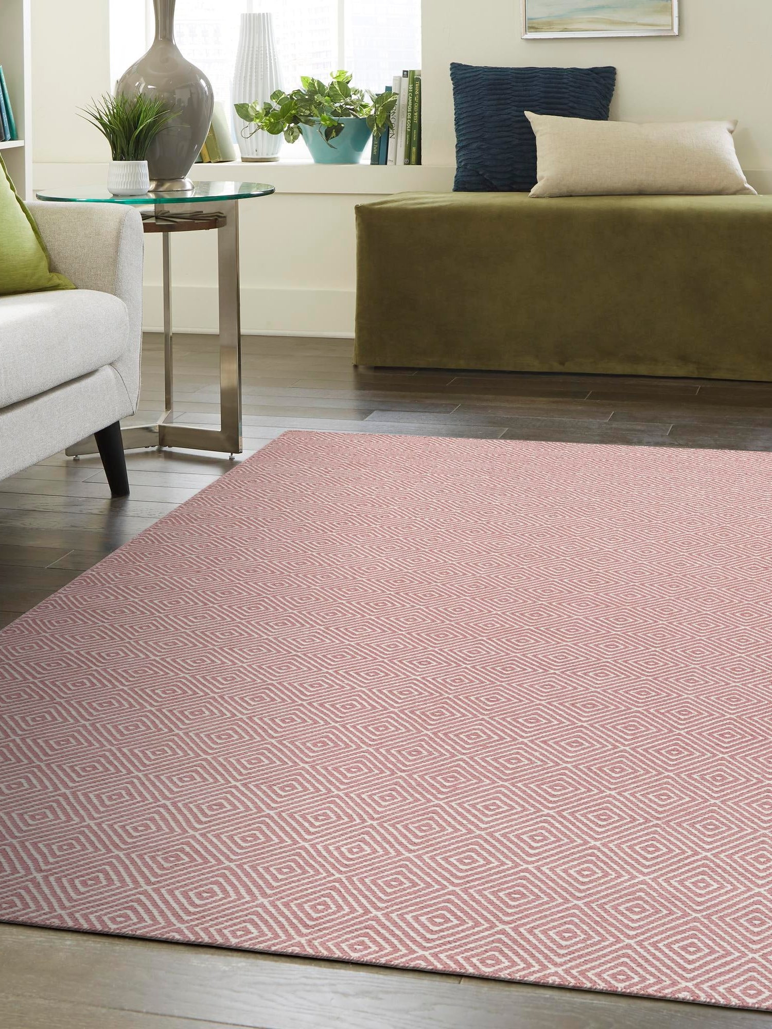 Pink 7' 10 x 10' Geo Trellis Flatweave Rectangle Area Rug 80% Wool & 20% Cotton Natural Geometric Carpet for Living, Office, Dining, Dorms for Sale at Rug Engine