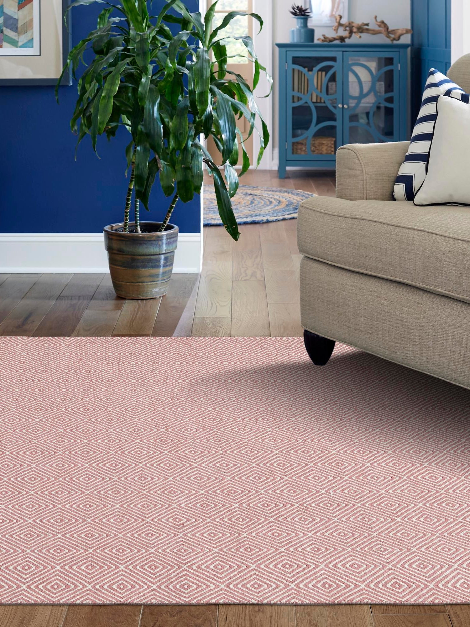 Pink 7' 10 x 10' Geo Trellis Flatweave Rectangle Area Rug 80% Wool & 20% Cotton Natural Geometric Carpet for Living, Office, Dining, Dorms for Sale at Rug Engine