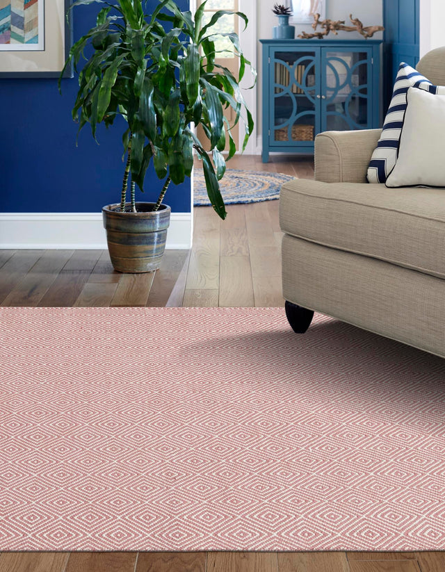 Pink 7' 10 x 10' Geo Trellis Flatweave Rectangle Area Rug 80% Wool & 20% Cotton Natural Geometric Carpet for Living, Office, Dining, Dorms for Sale at Rug Engine