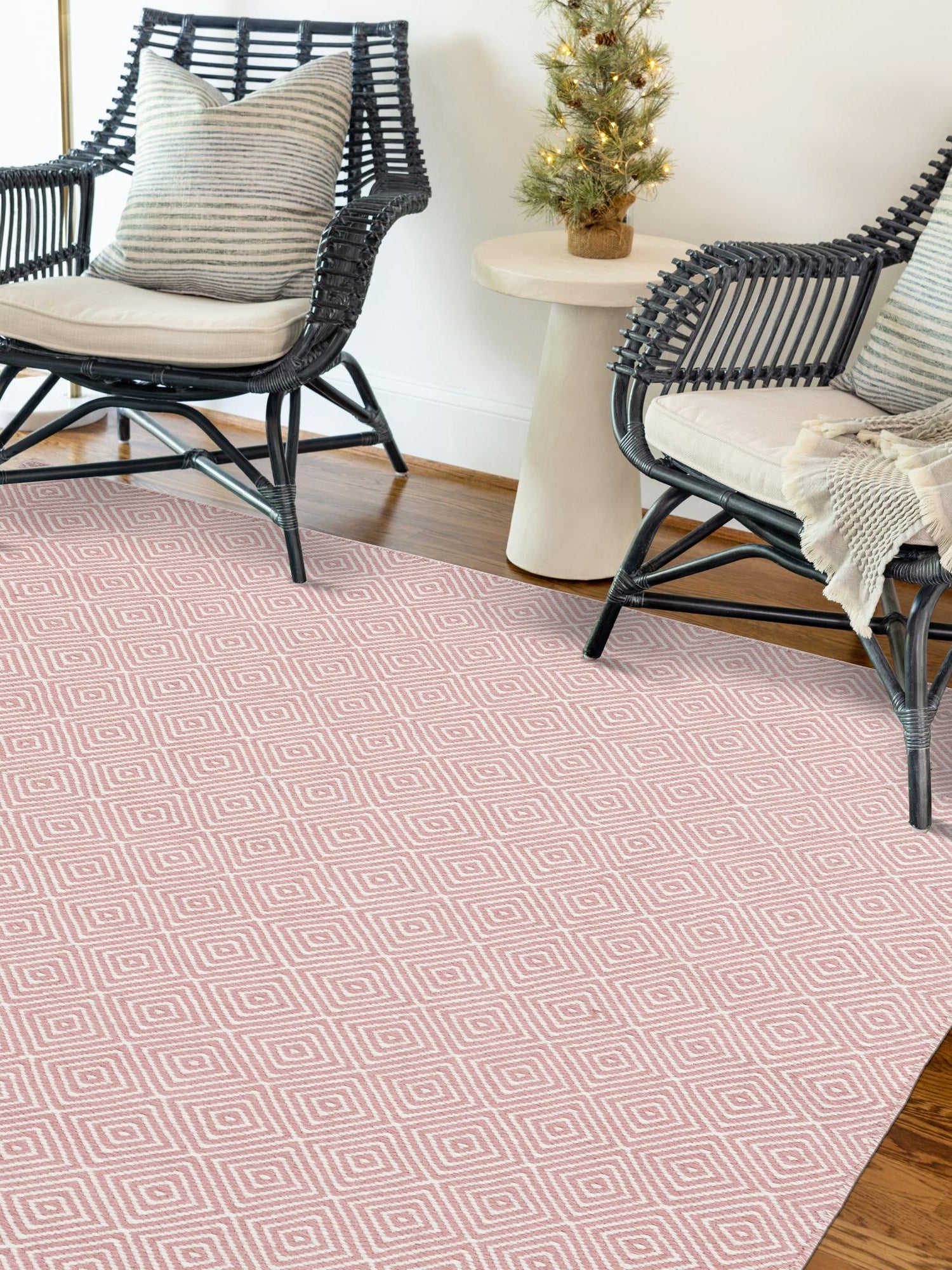 Pink 7' 10 x 10' Geo Trellis Flatweave Rectangle Area Rug 80% Wool & 20% Cotton Natural Geometric Carpet for Living, Office, Dining, Dorms for Sale at Rug Engine