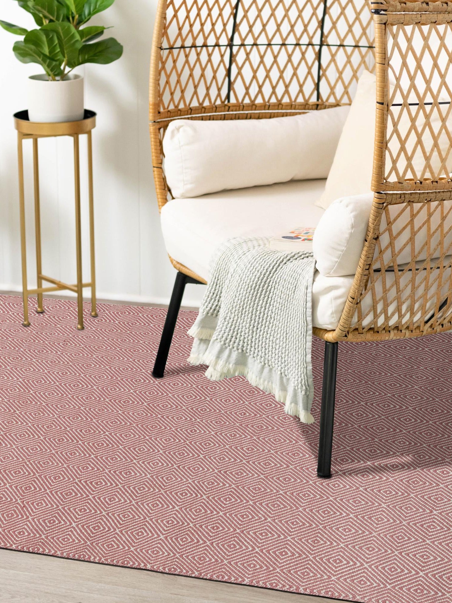 Pink 7' 10 x 10' Geo Trellis Flatweave Rectangle Area Rug 80% Wool & 20% Cotton Natural Geometric Carpet for Living, Office, Dining, Dorms for Sale at Rug Engine