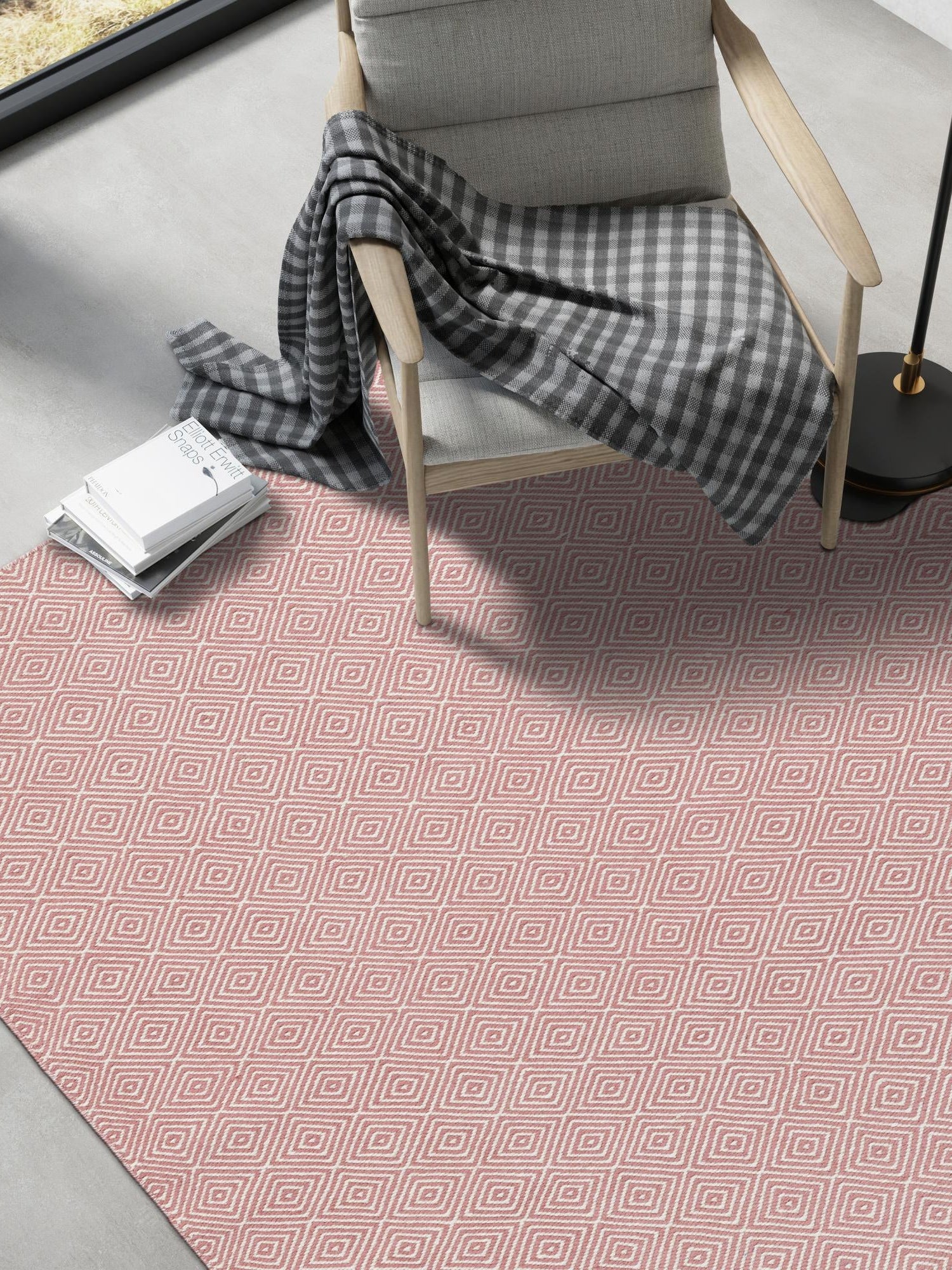 Pink 6' 1 x 9' Geo Trellis Flatweave Rectangle Area Rug 80% Wool & 20% Cotton Natural Geometric Carpet for Living, Office, Dining, Dorms for Sale at Rug Engine