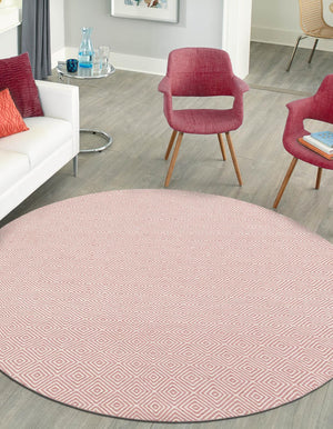 Pink 3' 1 x 3' 1 Geo Trellis Flatweave Round Area Rug 80% Wool & 20% Cotton Natural Geometric Carpet for Living, Office, Dining, Dorms for Sale at Rug Engine