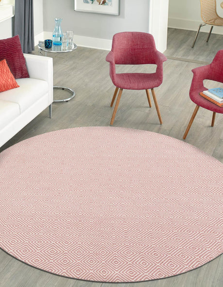 Pink 12' x 12' Geo Trellis Flatweave Round Area Rug 80% Wool & 20% Cotton Natural Geometric Carpet for Living, Office, Dining, Dorms for Sale at Rug Engine