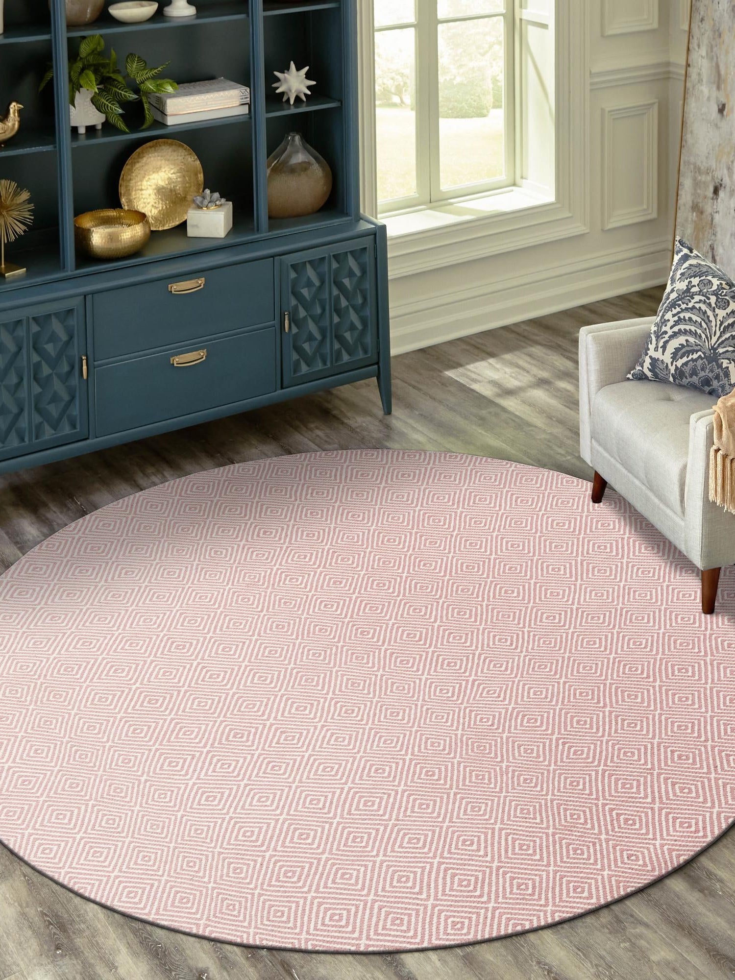 Pink 3' 1 x 3' 1 Geo Trellis Flatweave Round Area Rug 80% Wool & 20% Cotton Natural Geometric Carpet for Living, Office, Dining, Dorms for Sale at Rug Engine