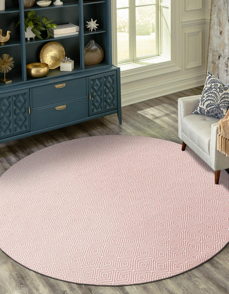Pink 3' 1 x 3' 1 Geo Trellis Flatweave Round Area Rug 80% Wool & 20% Cotton Natural Geometric Carpet for Living, Office, Dining, Dorms for Sale at Rug Engine