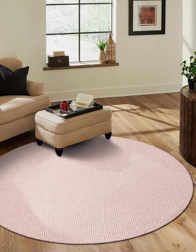 Pink 3' 1 x 3' 1 Geo Trellis Flatweave Round Area Rug 80% Wool & 20% Cotton Natural Geometric Carpet for Living, Office, Dining, Dorms for Sale at Rug Engine