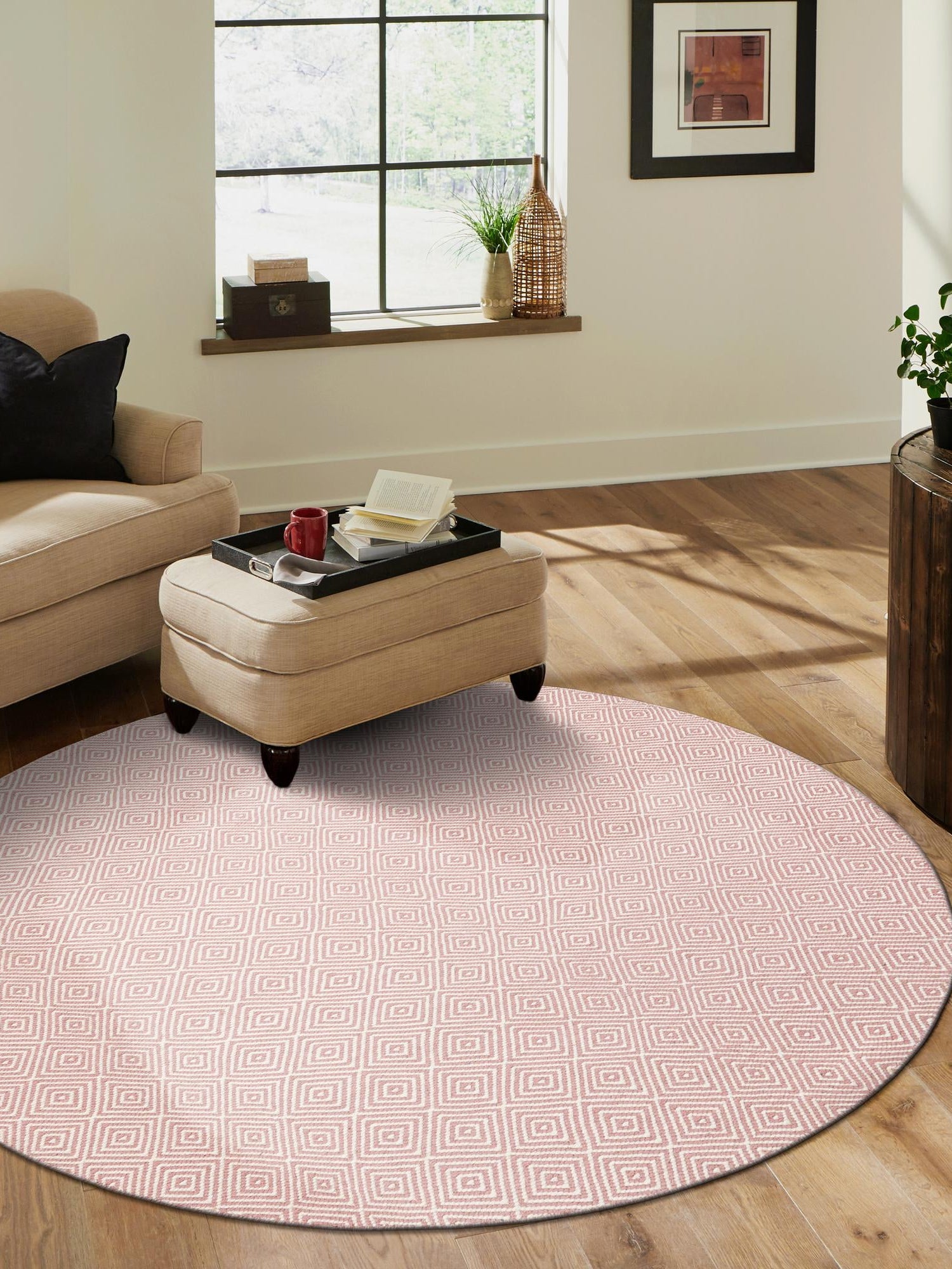 Pink 12' x 12' Geo Trellis Flatweave Round Area Rug 80% Wool & 20% Cotton Natural Geometric Carpet for Living, Office, Dining, Dorms for Sale at Rug Engine