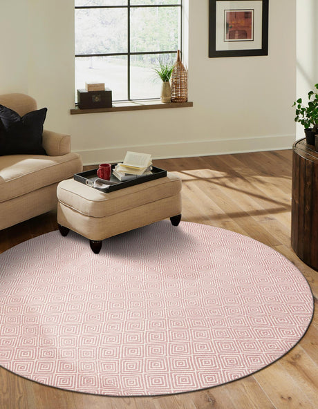 Pink 12' x 12' Geo Trellis Flatweave Round Area Rug 80% Wool & 20% Cotton Natural Geometric Carpet for Living, Office, Dining, Dorms for Sale at Rug Engine