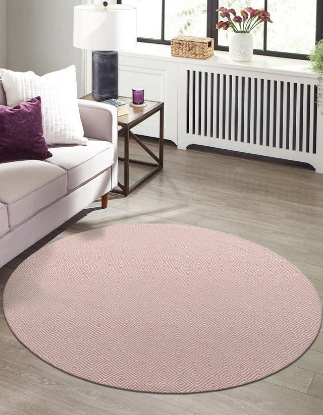 Pink 12' x 12' Geo Trellis Flatweave Round Area Rug 80% Wool & 20% Cotton Natural Geometric Carpet for Living, Office, Dining, Dorms for Sale at Rug Engine