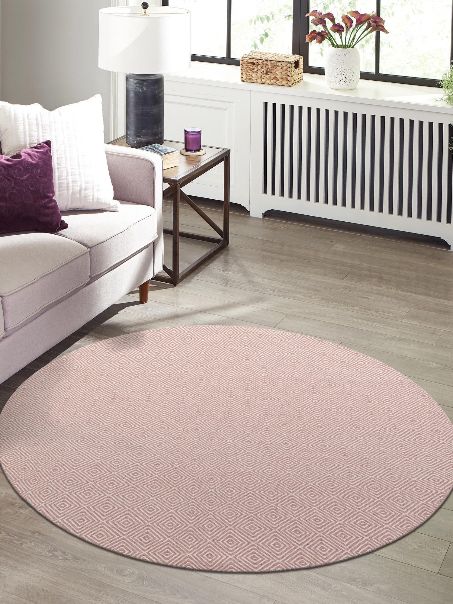 Pink 4' 1 x 4' 1 Geo Trellis Flatweave Round Area Rug 80% Wool & 20% Cotton Natural Geometric Carpet for Living, Office, Dining, Dorms for Sale at Rug Engine