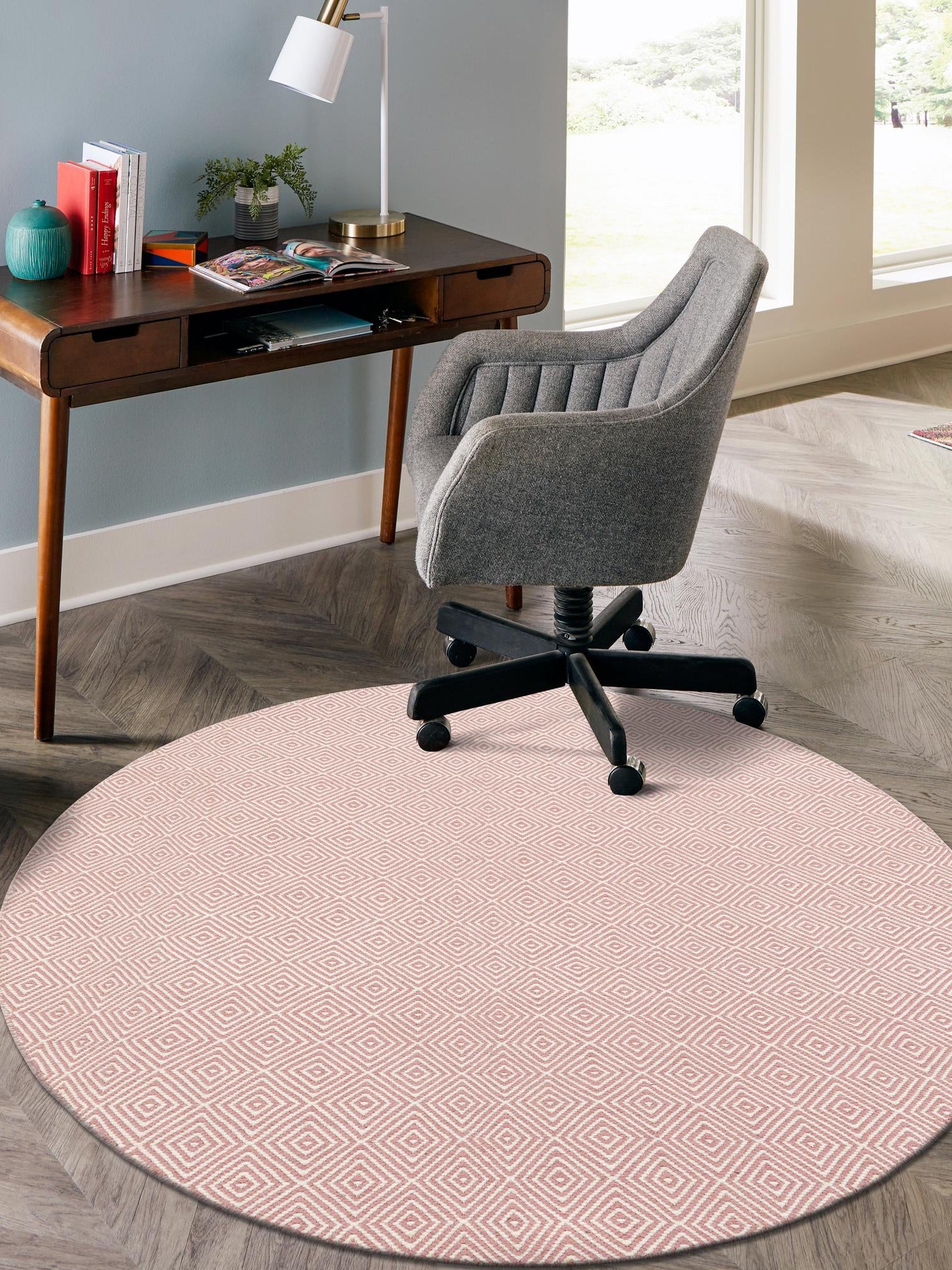 Pink 3' 1 x 3' 1 Geo Trellis Flatweave Round Area Rug 80% Wool & 20% Cotton Natural Geometric Carpet for Living, Office, Dining, Dorms for Sale at Rug Engine