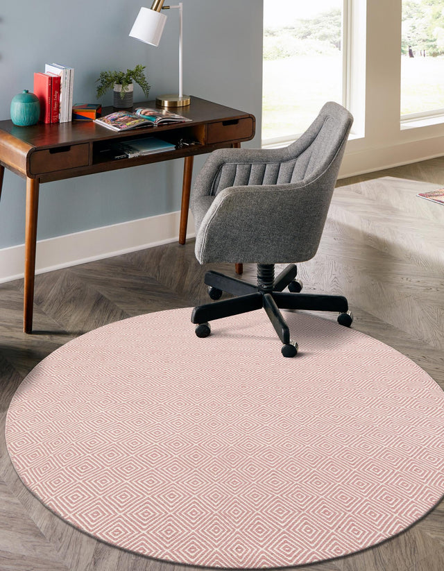 Pink 3' 1 x 3' 1 Geo Trellis Flatweave Round Area Rug 80% Wool & 20% Cotton Natural Geometric Carpet for Living, Office, Dining, Dorms for Sale at Rug Engine