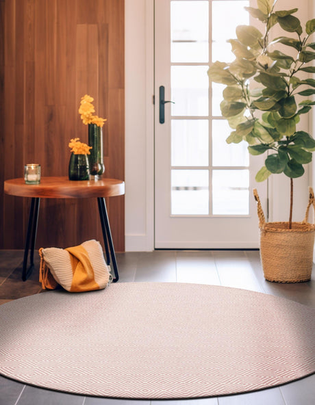 Pink 3' 1 x 3' 1 Geo Trellis Flatweave Round Area Rug 80% Wool & 20% Cotton Natural Geometric Carpet for Living, Office, Dining, Dorms for Sale at Rug Engine