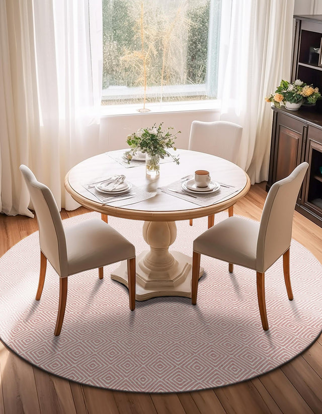 Pink 3' 1 x 3' 1 Geo Trellis Flatweave Round Area Rug 80% Wool & 20% Cotton Natural Geometric Carpet for Living, Office, Dining, Dorms for Sale at Rug Engine