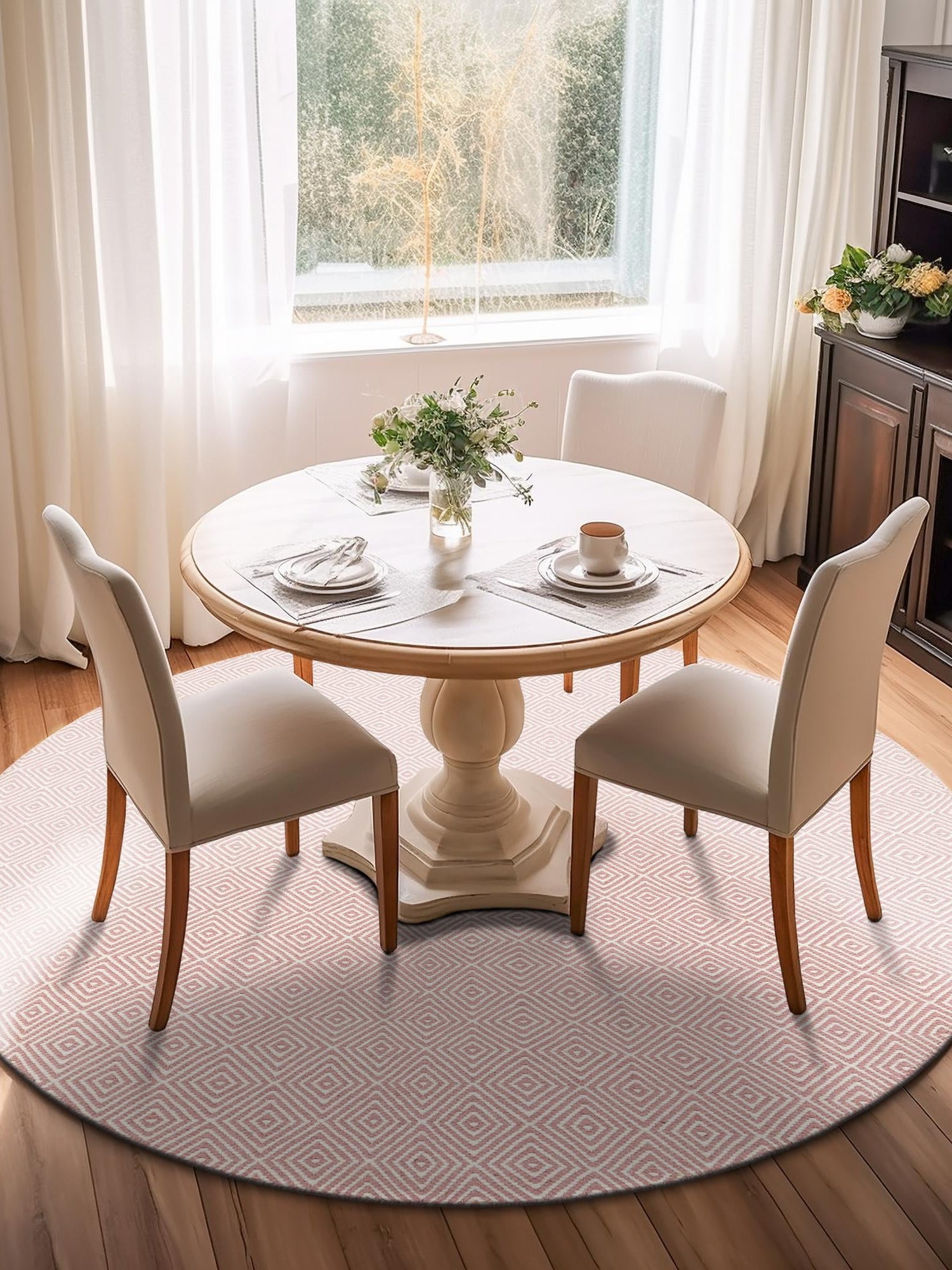 Pink 7' 10 x 7' 10 Geo Trellis Flatweave Round Area Rug 80% Wool & 20% Cotton Natural Geometric Carpet for Living, Office, Dining, Dorms for Sale at Rug Engine
