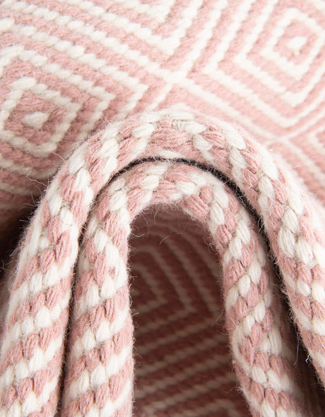 Pink 3' 1 x 3' 1 Geo Trellis Flatweave Round Area Rug 80% Wool & 20% Cotton Natural Geometric Carpet for Living, Office, Dining, Dorms for Sale at Rug Engine