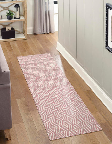 Pink 2' x 8' Geo Trellis Flatweave Runner Area Rug 80% Wool & 20% Cotton Natural Geometric Carpet for Living, Office, Dining, Dorms for Sale at Rug Engine