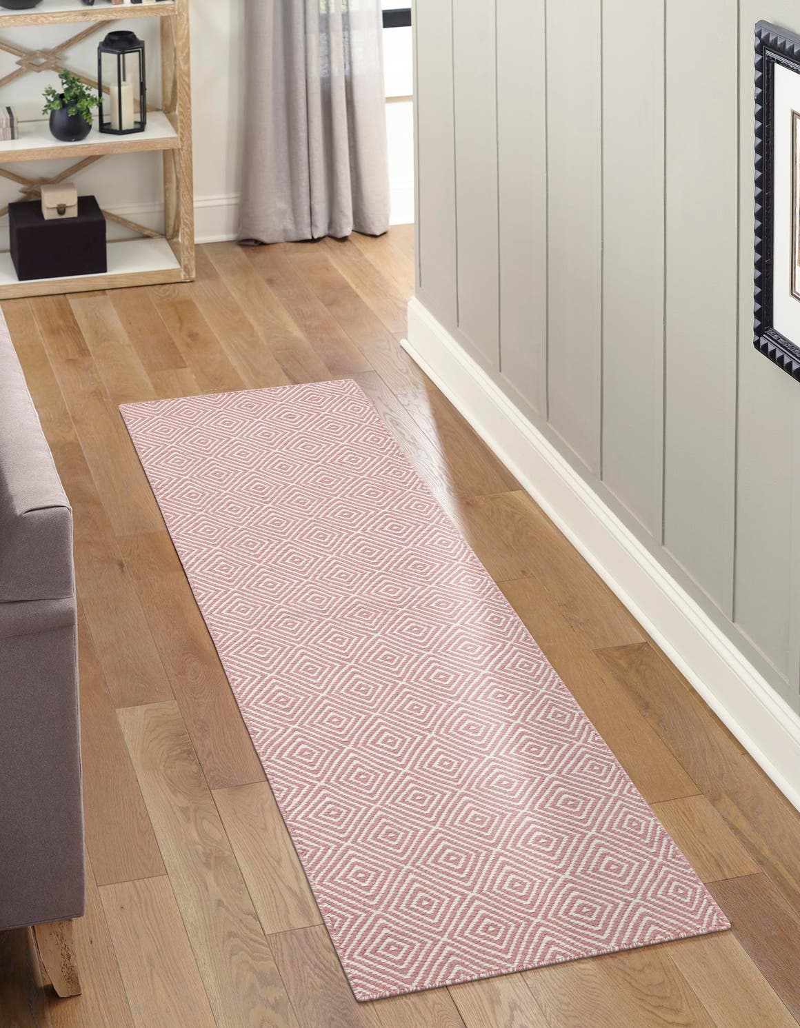 Pink 2' x 6' 1 Geo Trellis Flatweave Runner Area Rug 80% Wool & 20% Cotton Natural Geometric Carpet for Living, Office, Dining, Dorms for Sale at Rug Engine