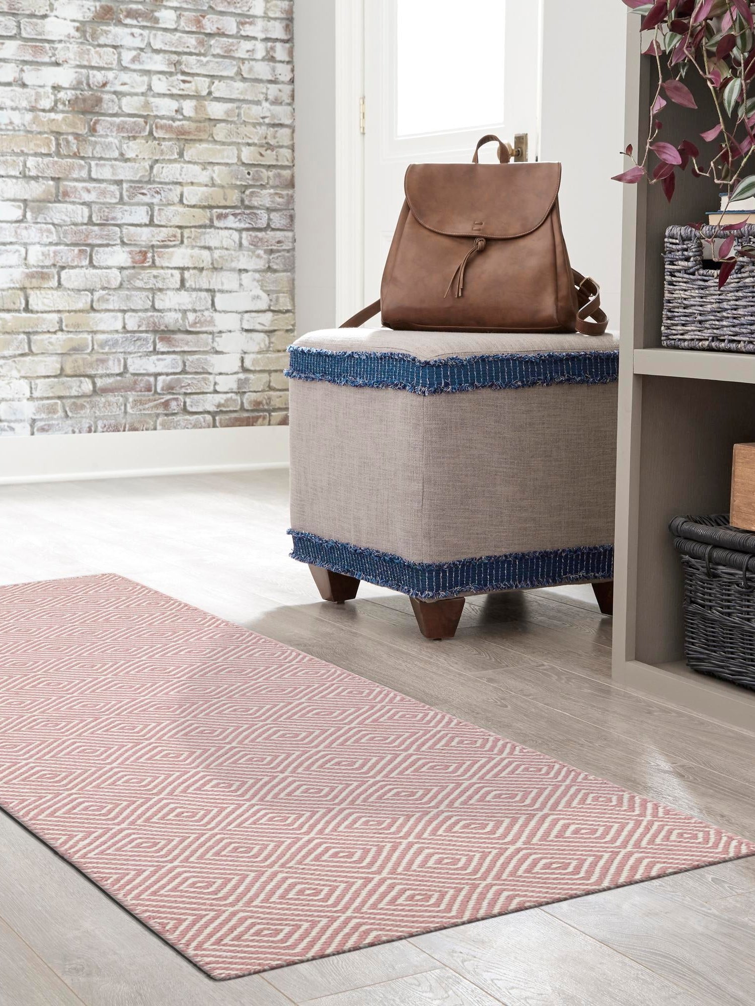 Pink 2' x 8' Geo Trellis Flatweave Runner Area Rug 80% Wool & 20% Cotton Natural Geometric Carpet for Living, Office, Dining, Dorms for Sale at Rug Engine
