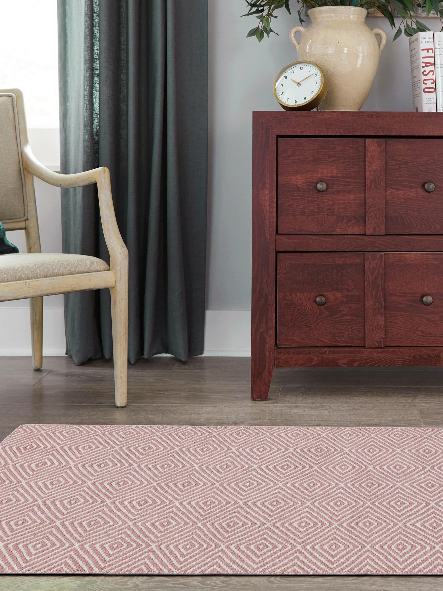 Pink 2' x 8' Geo Trellis Flatweave Runner Area Rug 80% Wool & 20% Cotton Natural Geometric Carpet for Living, Office, Dining, Dorms for Sale at Rug Engine