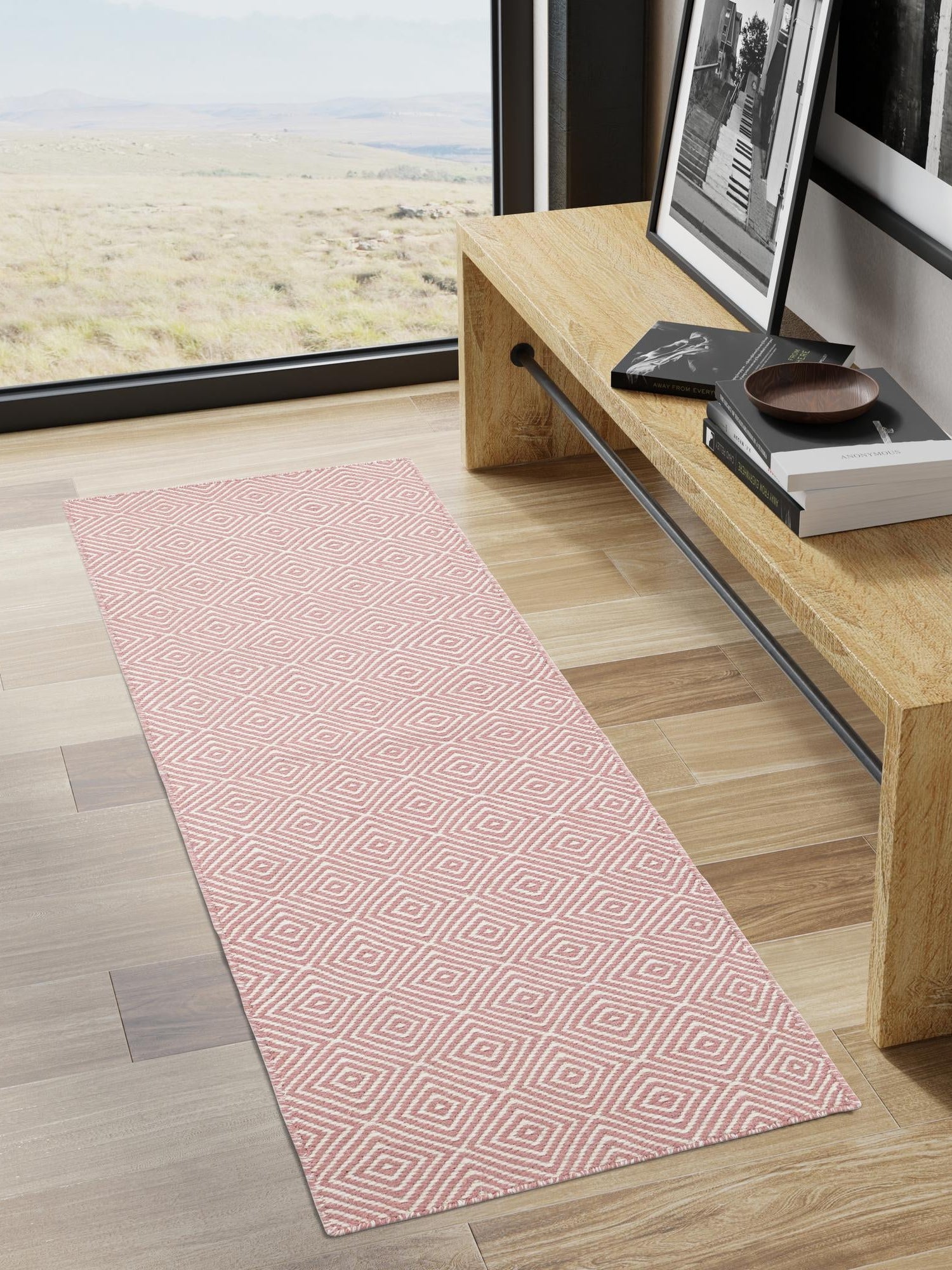 Pink 2' x 8' Geo Trellis Flatweave Runner Area Rug 80% Wool & 20% Cotton Natural Geometric Carpet for Living, Office, Dining, Dorms for Sale at Rug Engine