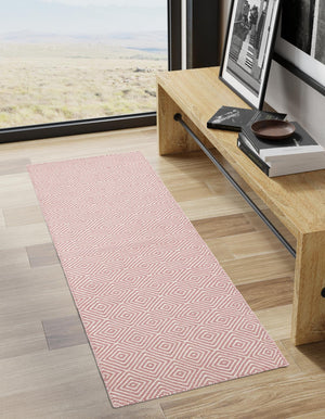 Pink 2' x 8' Geo Trellis Flatweave Runner Area Rug 80% Wool & 20% Cotton Natural Geometric Carpet for Living, Office, Dining, Dorms for Sale at Rug Engine