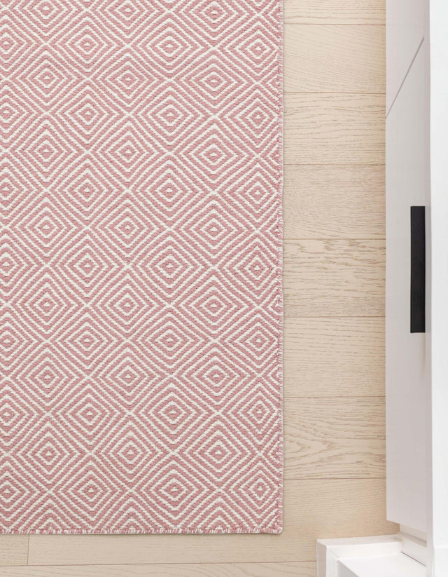 Pink 2' x 6' 1 Geo Trellis Flatweave Runner Area Rug 80% Wool & 20% Cotton Natural Geometric Carpet for Living, Office, Dining, Dorms for Sale at Rug Engine