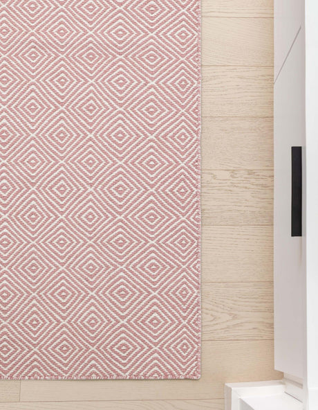 Pink 2' x 8' Geo Trellis Flatweave Runner Area Rug 80% Wool & 20% Cotton Natural Geometric Carpet for Living, Office, Dining, Dorms for Sale at Rug Engine