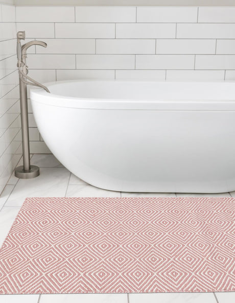 Pink 2' x 8' Geo Trellis Flatweave Runner Area Rug 80% Wool & 20% Cotton Natural Geometric Carpet for Living, Office, Dining, Dorms for Sale at Rug Engine