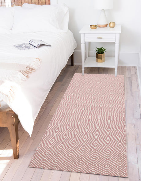 Pink 2' x 6' 1 Geo Trellis Flatweave Runner Area Rug 80% Wool & 20% Cotton Natural Geometric Carpet for Living, Office, Dining, Dorms for Sale at Rug Engine