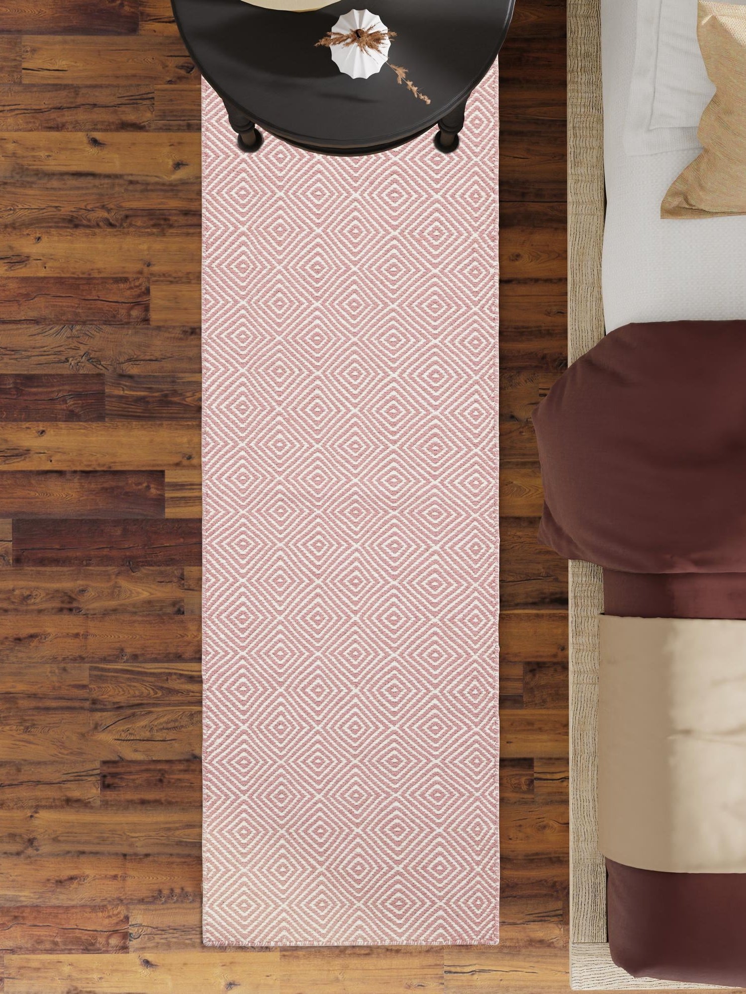 Pink 2' x 8' Geo Trellis Flatweave Runner Area Rug 80% Wool & 20% Cotton Natural Geometric Carpet for Living, Office, Dining, Dorms for Sale at Rug Engine
