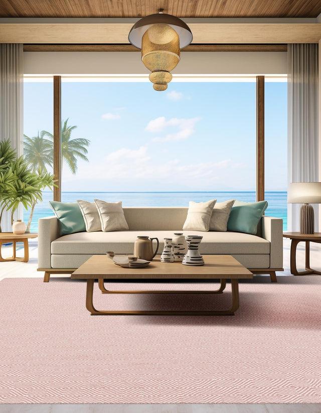 Pink 7' 10 x 7' 10 Geo Trellis Flatweave Square Area Rug 80% Wool & 20% Cotton Natural Geometric Carpet for Living, Office, Dining, Dorms for Sale at Rug Engine