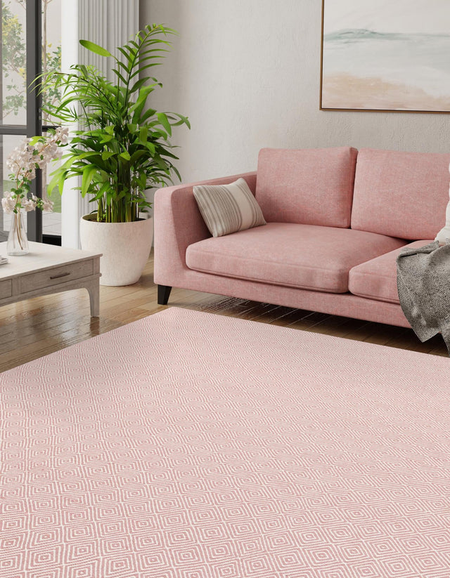 Pink 10' x 10' Geo Trellis Flatweave Square Area Rug 80% Wool & 20% Cotton Natural Geometric Carpet for Living, Office, Dining, Dorms for Sale at Rug Engine