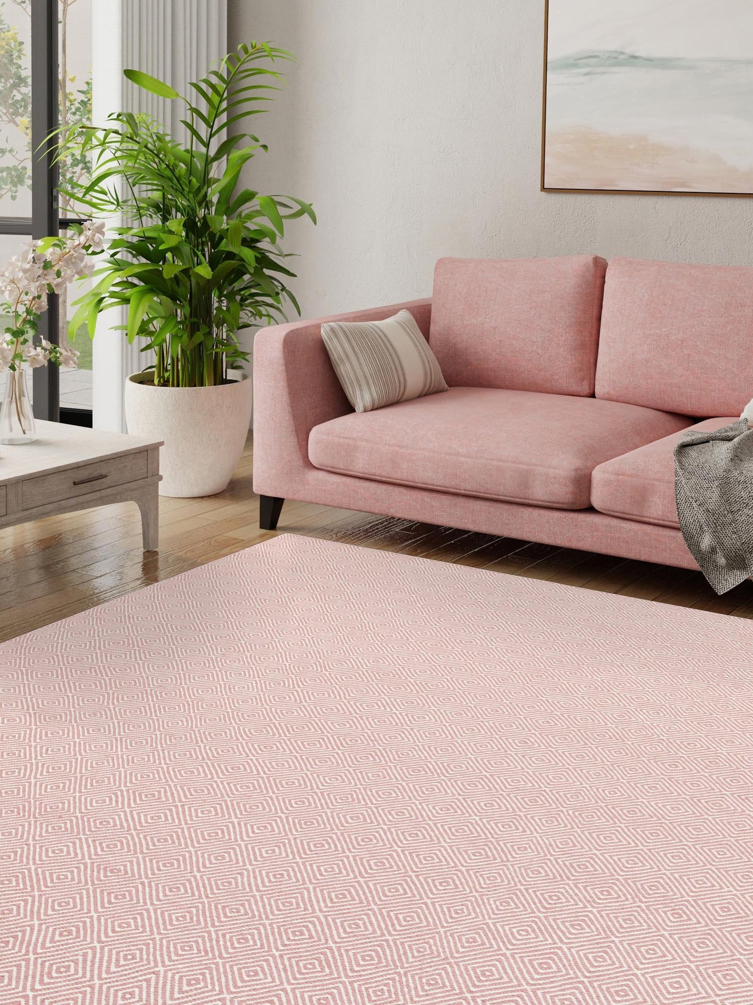 Pink 7' 10 x 7' 10 Geo Trellis Flatweave Square Area Rug 80% Wool & 20% Cotton Natural Geometric Carpet for Living, Office, Dining, Dorms for Sale at Rug Engine