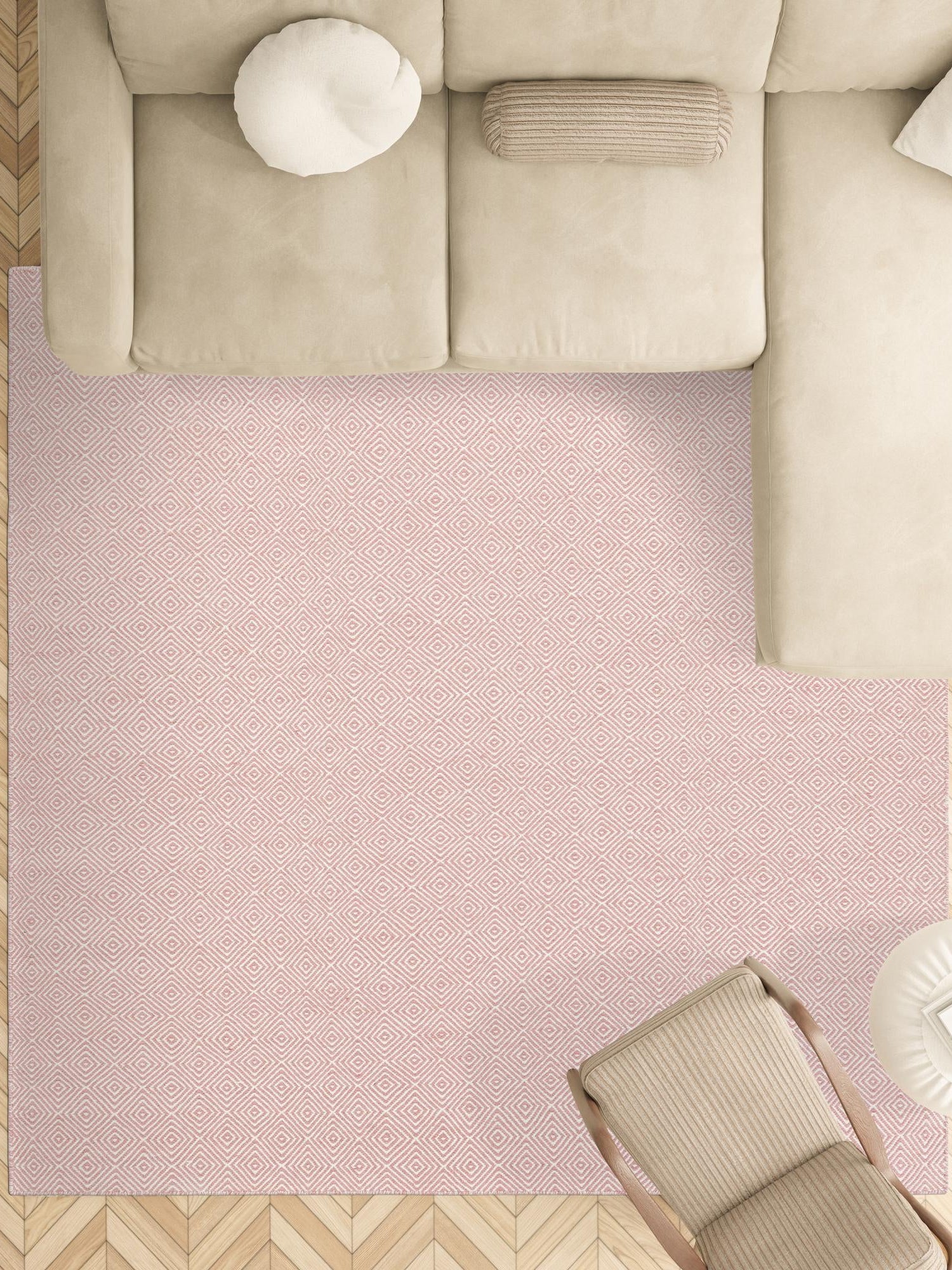 Pink 7' 10 x 7' 10 Geo Trellis Flatweave Square Area Rug 80% Wool & 20% Cotton Natural Geometric Carpet for Living, Office, Dining, Dorms for Sale at Rug Engine
