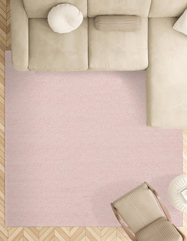 Pink 7' 10 x 7' 10 Geo Trellis Flatweave Square Area Rug 80% Wool & 20% Cotton Natural Geometric Carpet for Living, Office, Dining, Dorms for Sale at Rug Engine